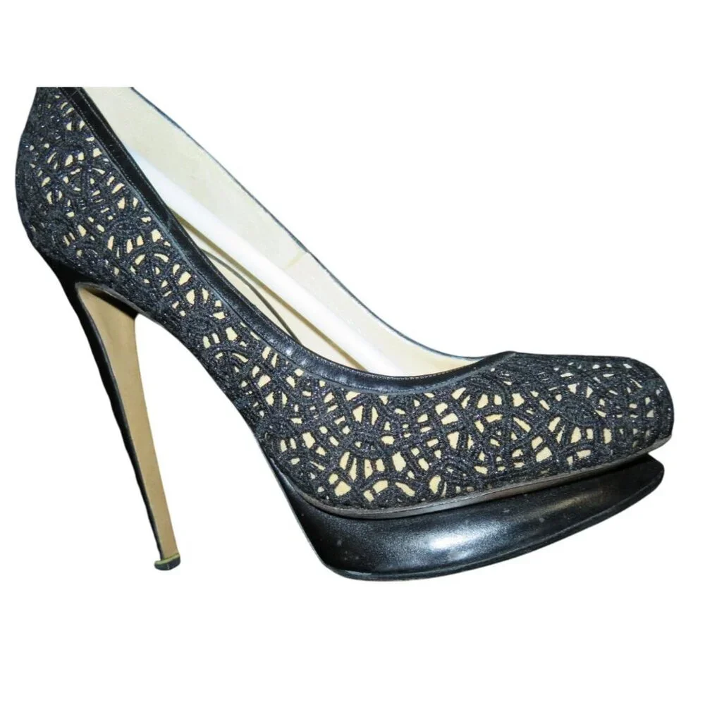 Nicholas Kirkwood Laser Cut Black Italian Leather Platform Stiletto Pumps 37